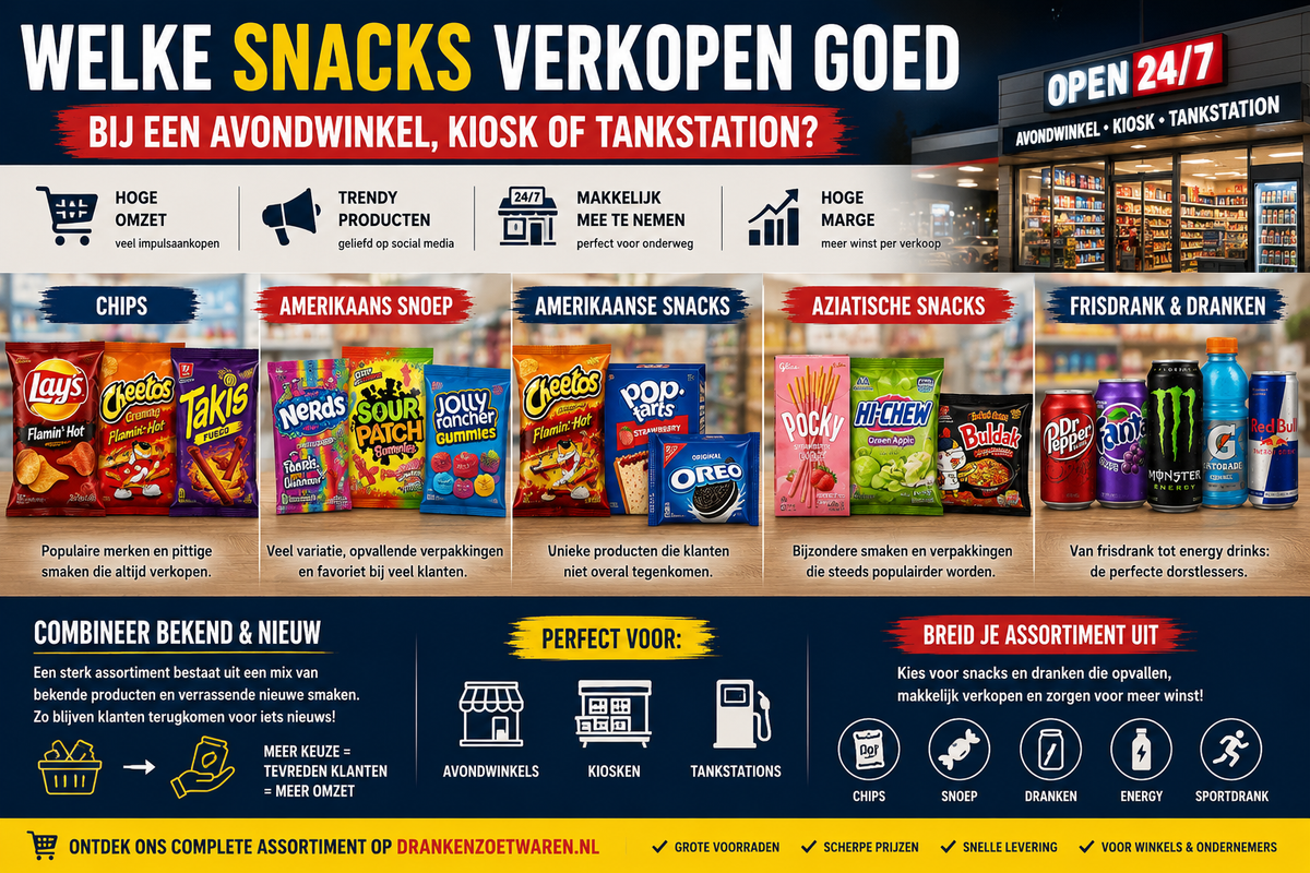 Welke snacks verkopen goed bij een avondwinkel, kiosk of tankstation?