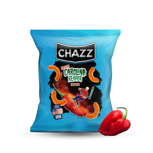 Chazz cheese curls carolina reaper 100g tray 20 stuks pittige snacks groothandel